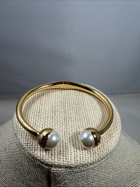 Tory Burch Gold-Tone Open Cuff Bracelet with Pearl End Caps